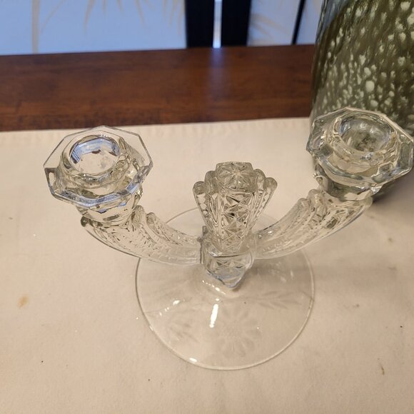 1930s Pair of Duncan Miller Double Candlestick Holder with Etched Flowers - Picture 6 of 7
